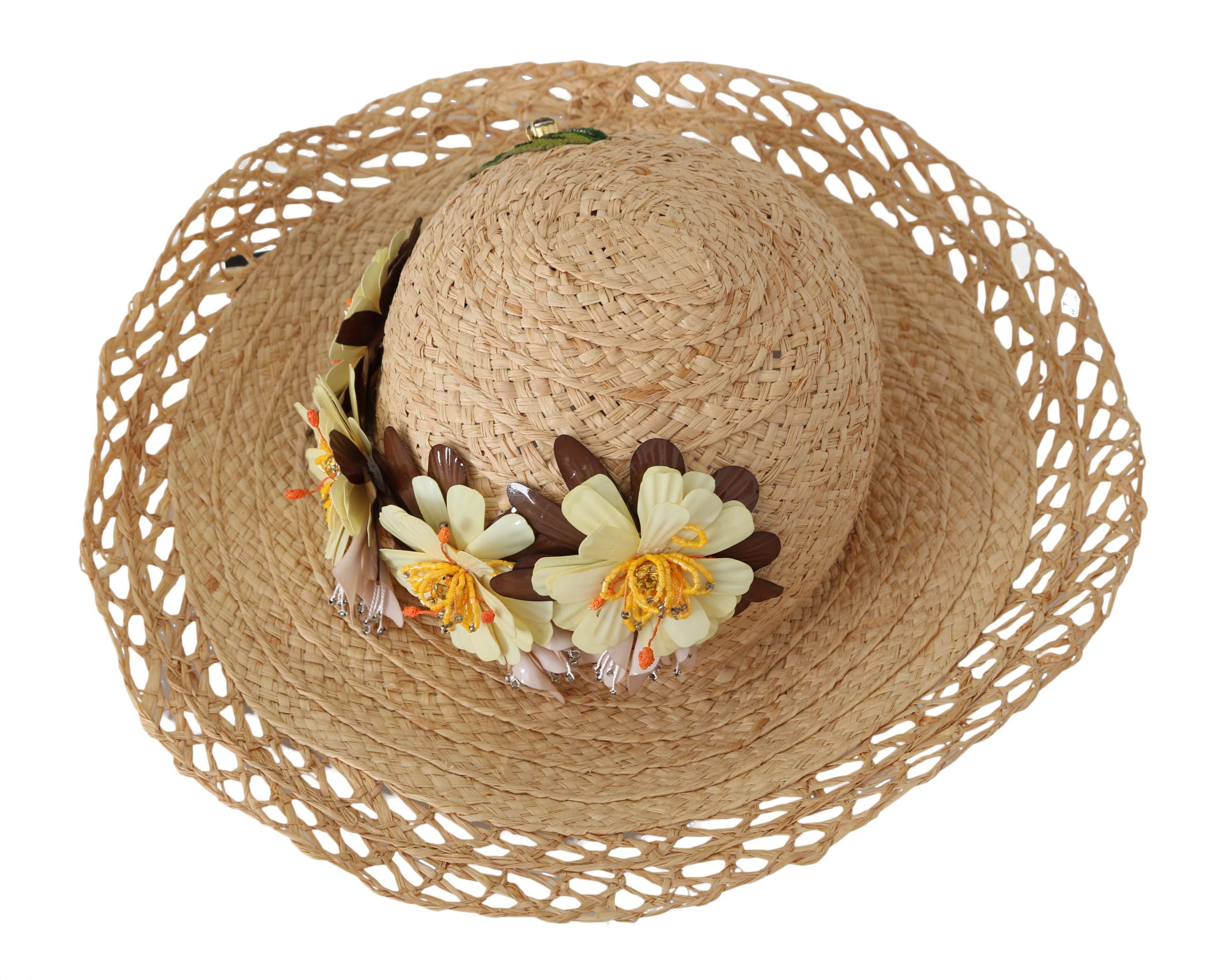 Beige Wide Brim Floral Bucket Capello Hat