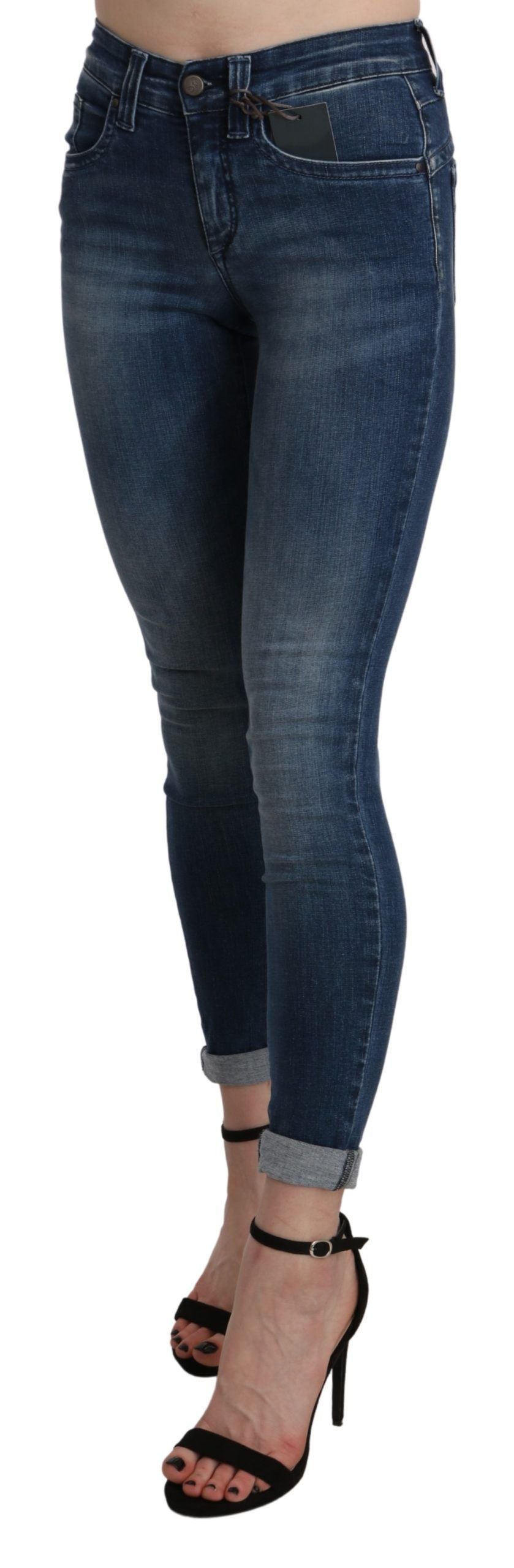 Blue Washed High Waist Skinny Cropped Cotton Jeans