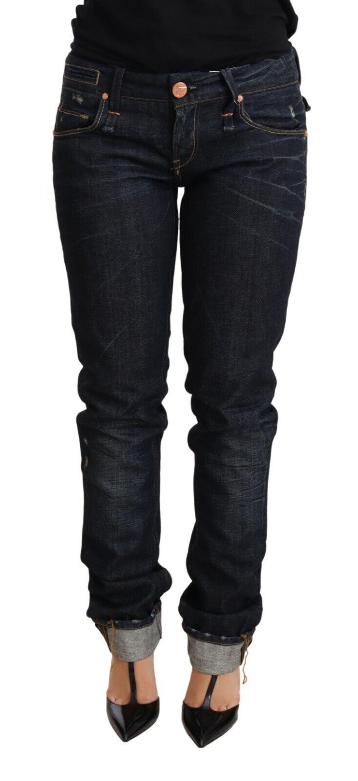 Dark Blue Cotton Slim Fit Folded Hem Women Denim Trouser Jeans