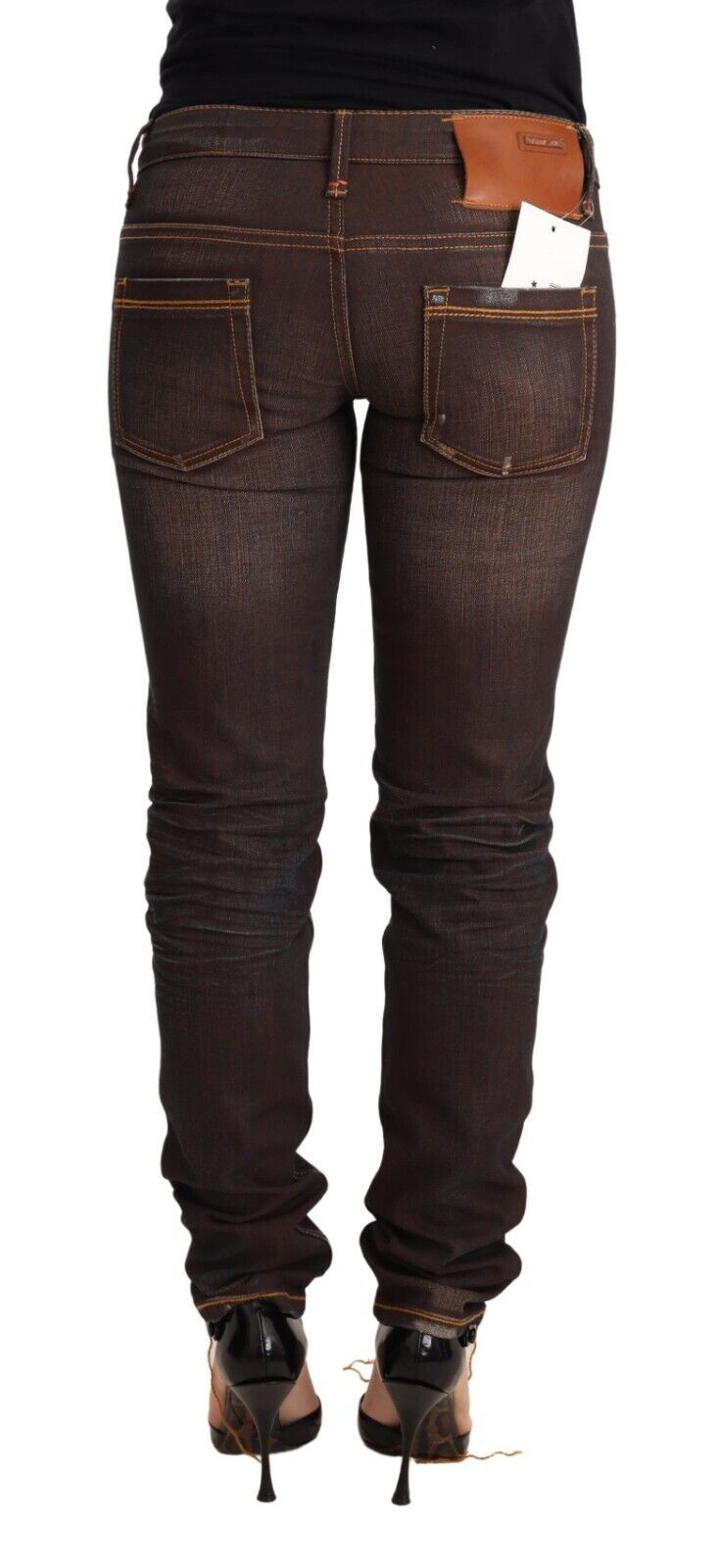 Brown Washed Cotton Slim Fit Denim Low Waist Trouser Jeans