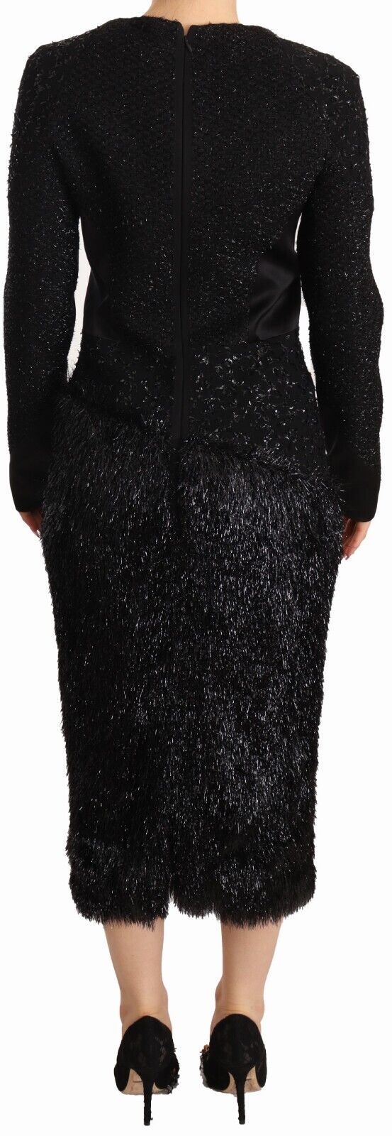 Black Studs Embellished Long Sleeves Sheath Midi Dress