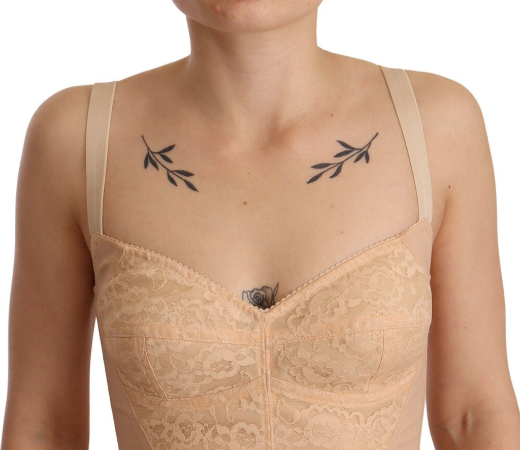 Beige Nylon Floral Lace Bodysuit Underwear