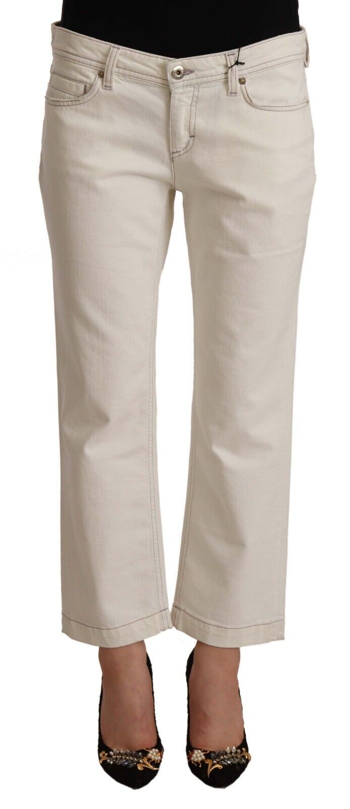 Off White Cotton Flared Cropped Denim Jeans