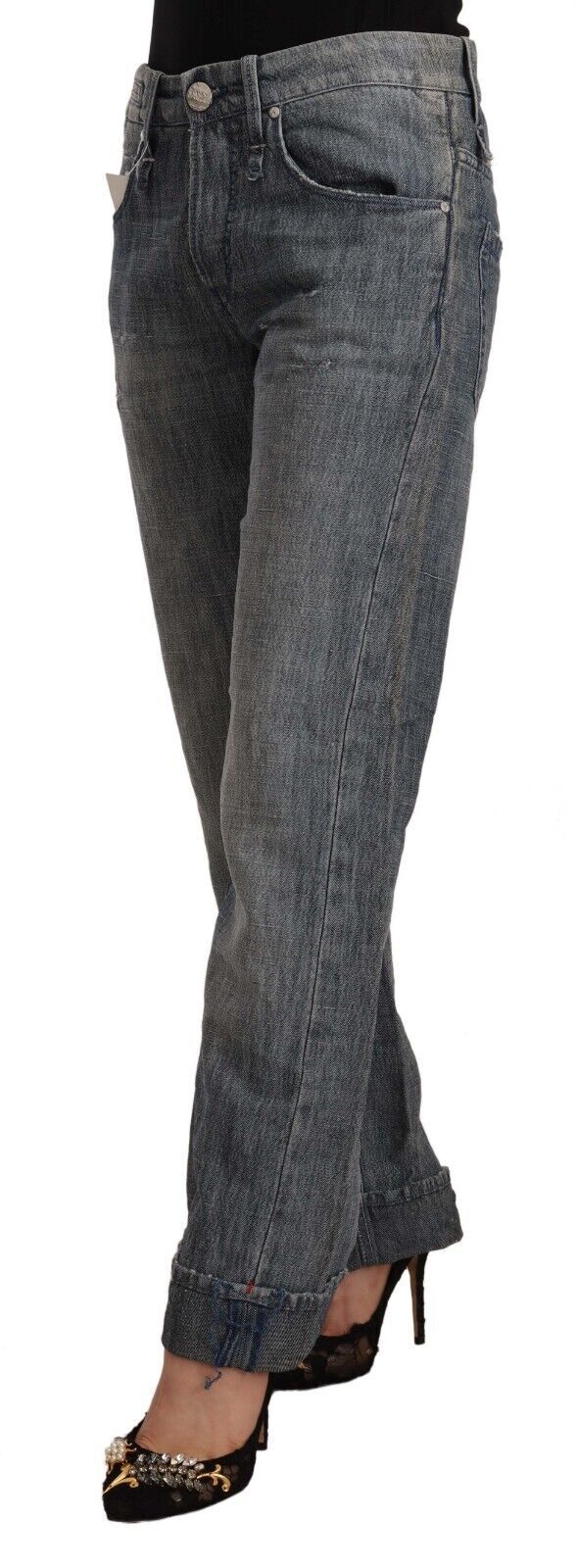 Gray Washed Mid Waist Straight Denim Folded Hem Jeans