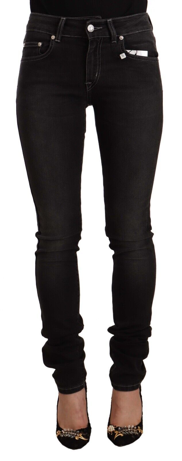 Black Washed Mid Waist Cotton Skinny Slim Fit Jeans