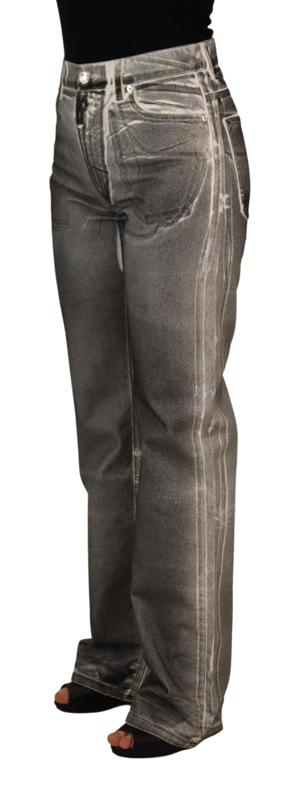 Grey Washed High Waist Denim Pants Cotton Jeans
