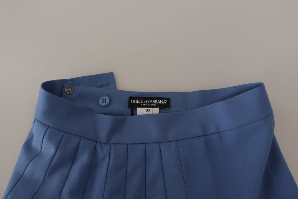 Blue Embellished Pleated Mini Skirt Wool