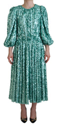 Blue Sequined Pleated Aline Midi Nylon Dress