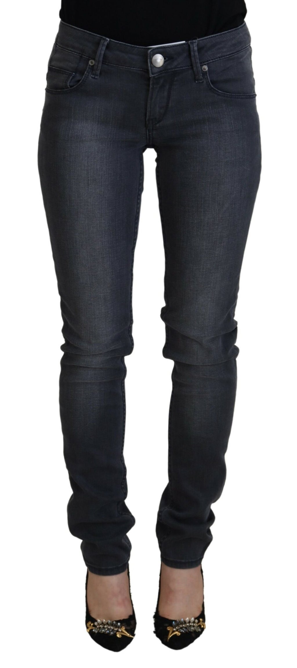 Gray Cotton Skinny Low Waist Women Casual Denim Jeans