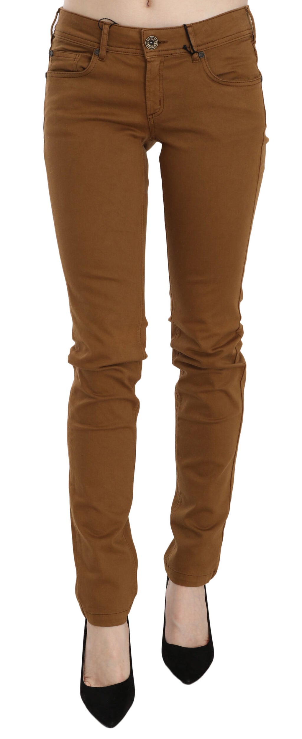 Brown Cotton Mid Waist Skinny Slim Fit Denim Jeans